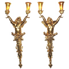 Pair French Belle Époque Gilt-Bronze Cherub Wall-Lights, After Joseph Chéret