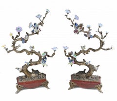 Pair French Bird Brand Displays Ormolu Porcelain Parrots