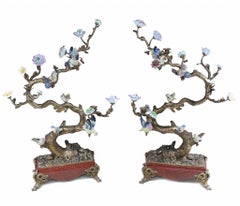 Pair French Bird Brand Displays Ormolu Porcelain Parrots