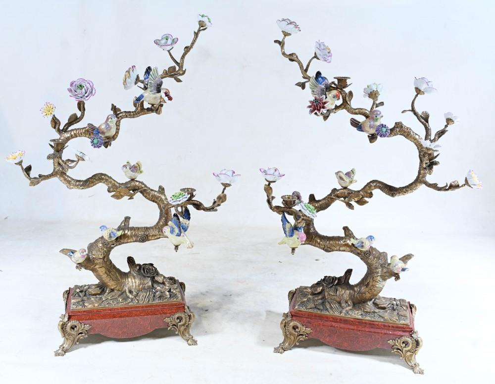Late 20th Century Pair French Bird Brand Displays Ormolu Porcelain Parrots For Sale