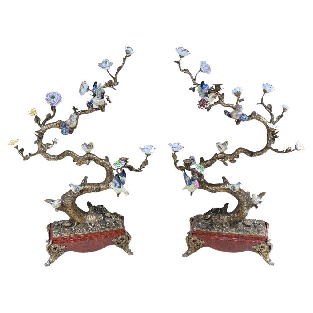 Pair French Bird Brand Displays Ormolu Porcelain Parrots For Sale