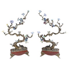 Used Pair French Bird Brand Displays Ormolu Porcelain Parrots