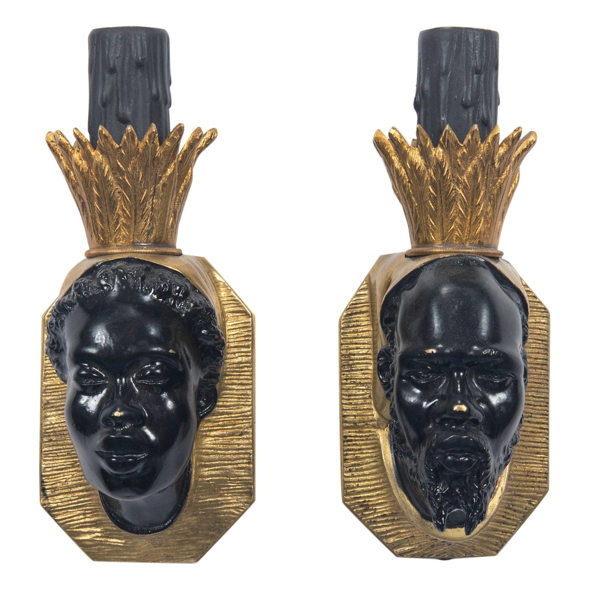 Pair French Black and Gold Bronze Face Sconces