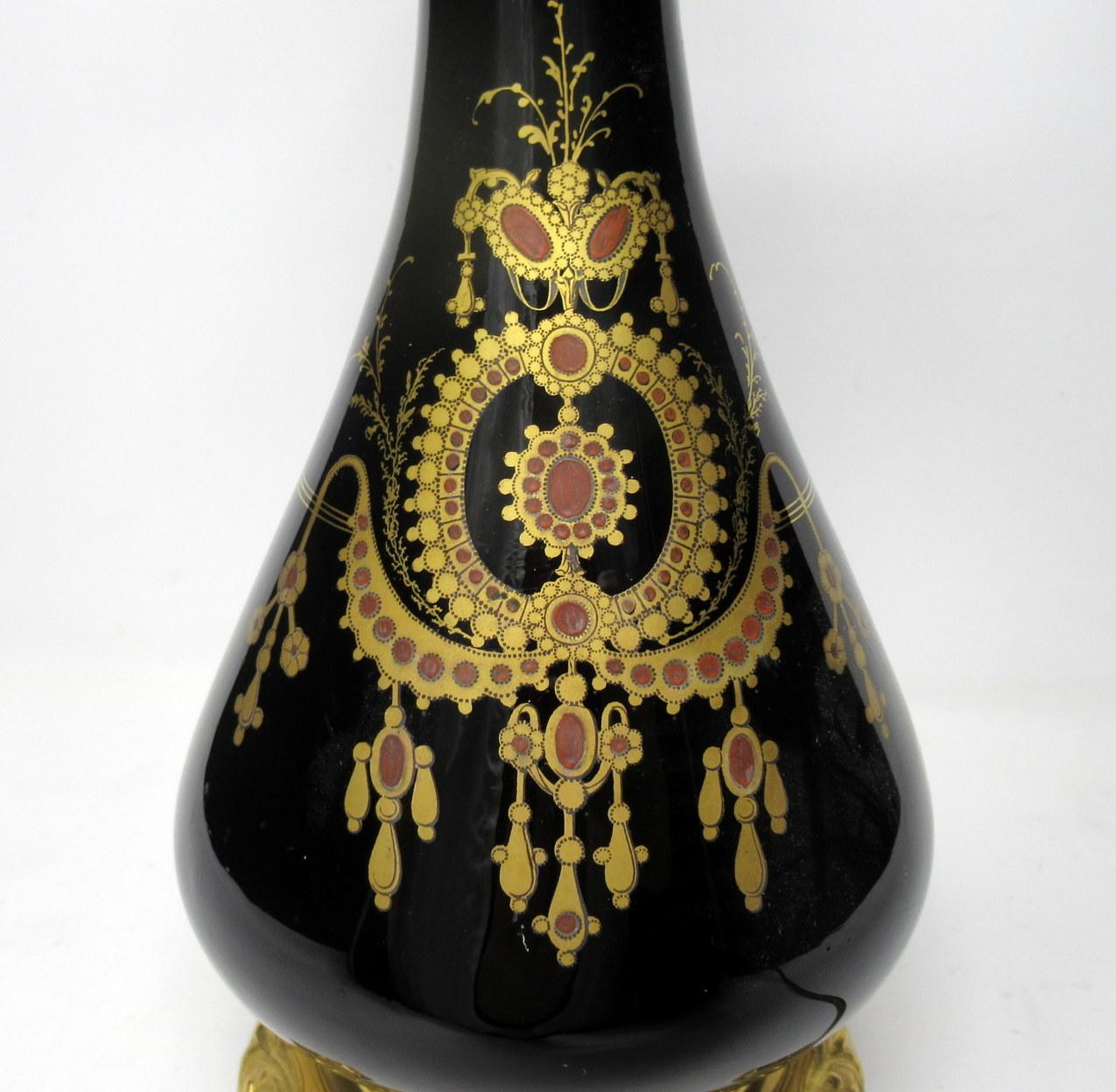 Bronze Pair of French Black Enameled Glass Ormolu Table Lamps Art Nouveau, 19th Century