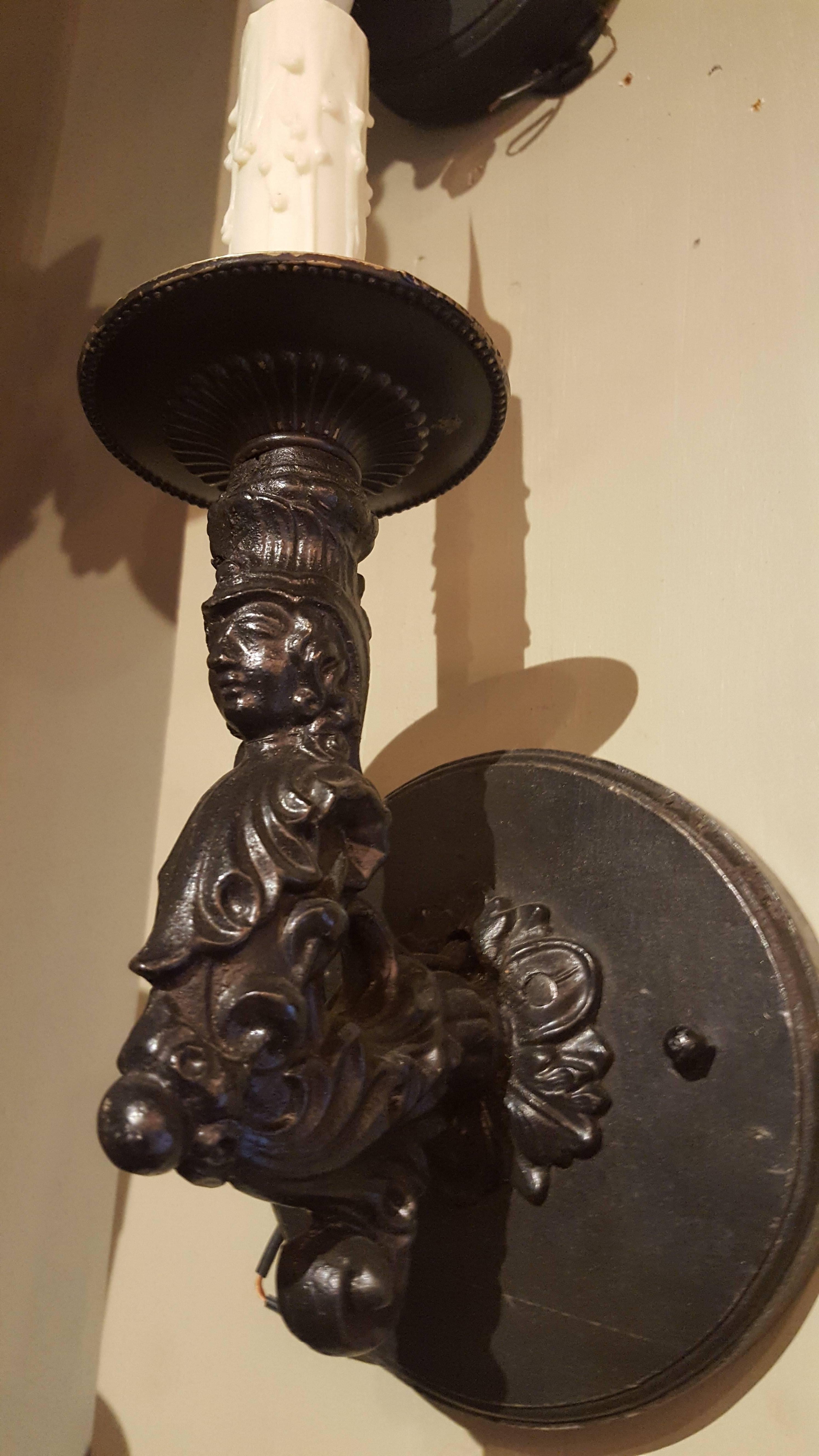 Pair of Antique, French Black Iron Figural Wall Sconces In Excellent Condition For Sale In Houston, TX