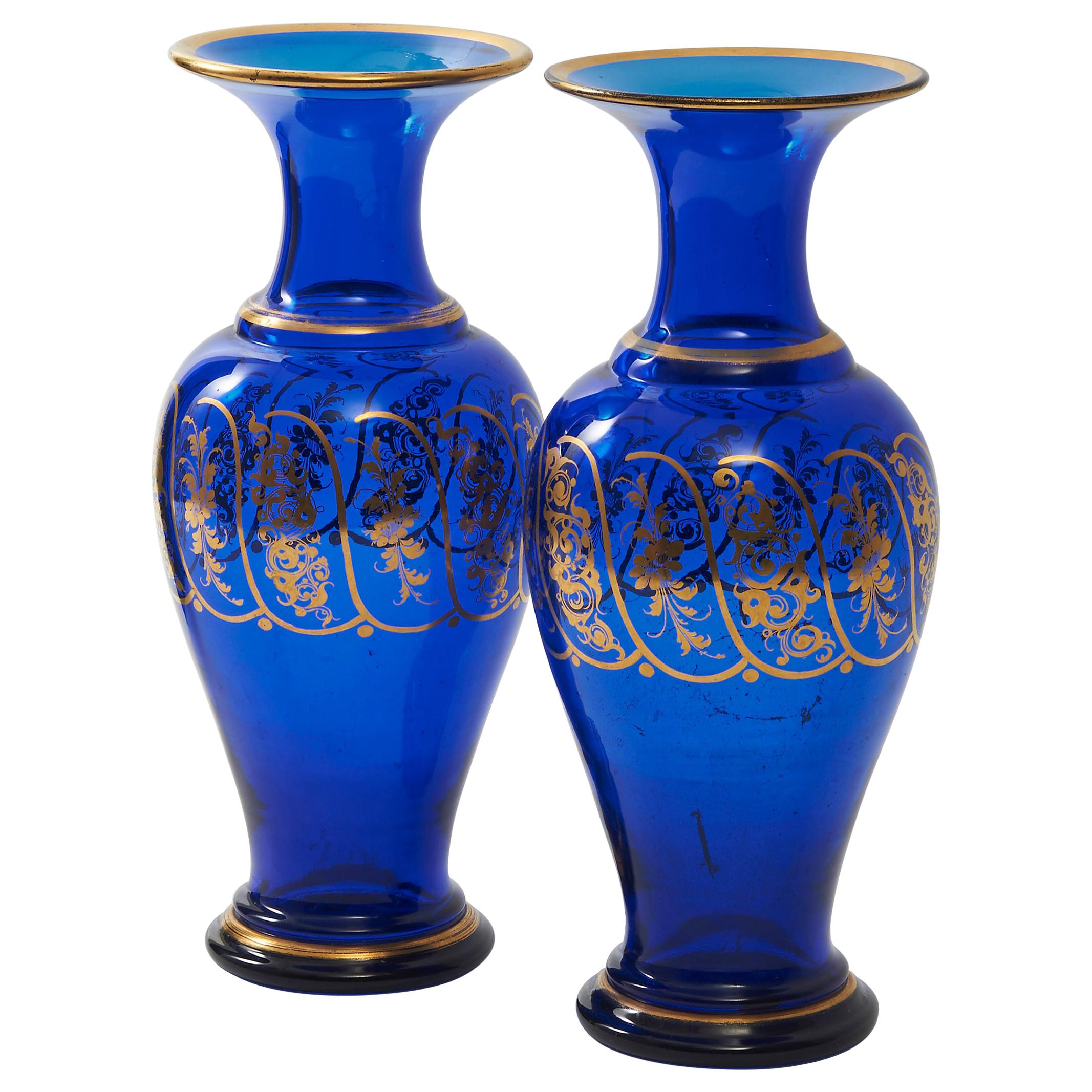 Pair of French Blue Glass Baluster Vases, 19th Century For Sale