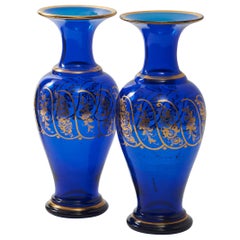 Pair of French Blue Glass Baluster Vases, 19th Century