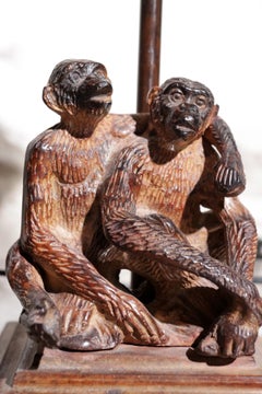 Pair of French Botanical Patinated Brass Embracing Monkeys Table Lamps, 1980s