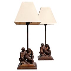 Pair of French Botanical Patinated Brass Embracing Monkeys Table Lamps, 1980s