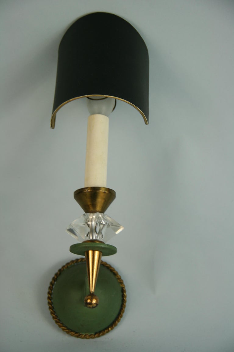 3-547 pair French brass and crystal sconces with black half shades
Rewired
 Takes 60 watt max candelabra based bulb.