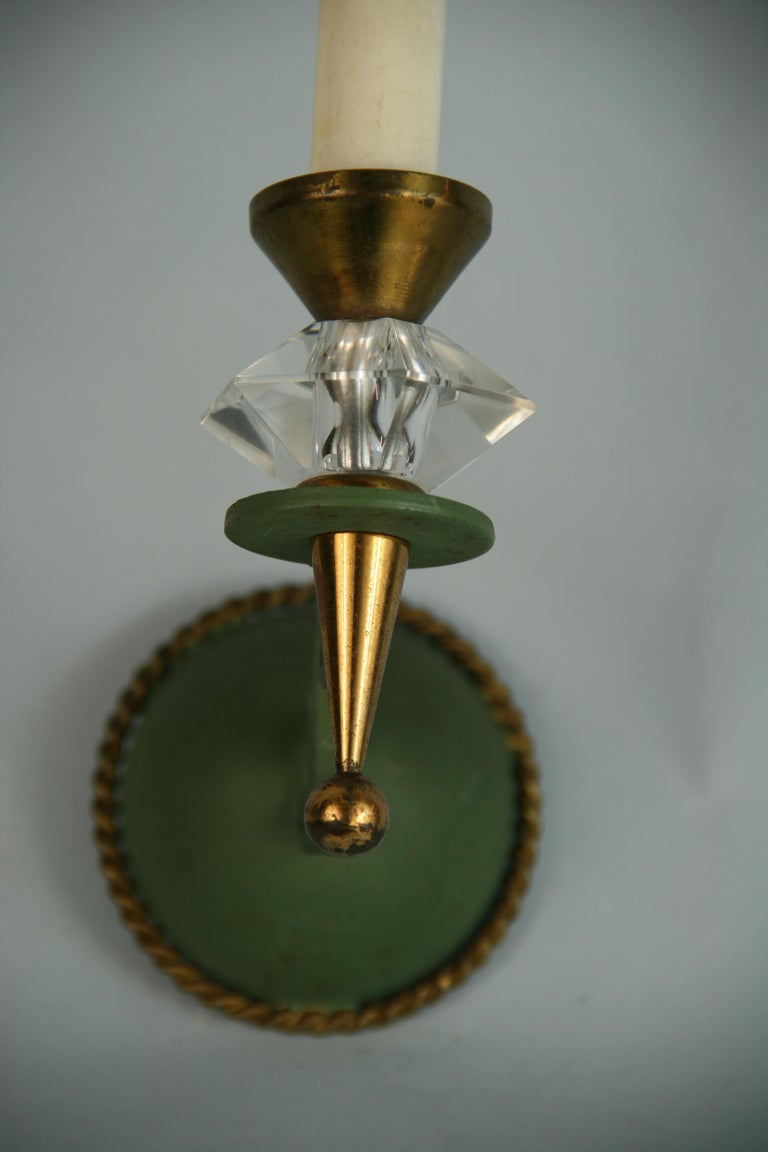 Pair of French Brass and Crystal Verdigris Sconces 1950 In Good Condition For Sale In Douglas Manor, NY