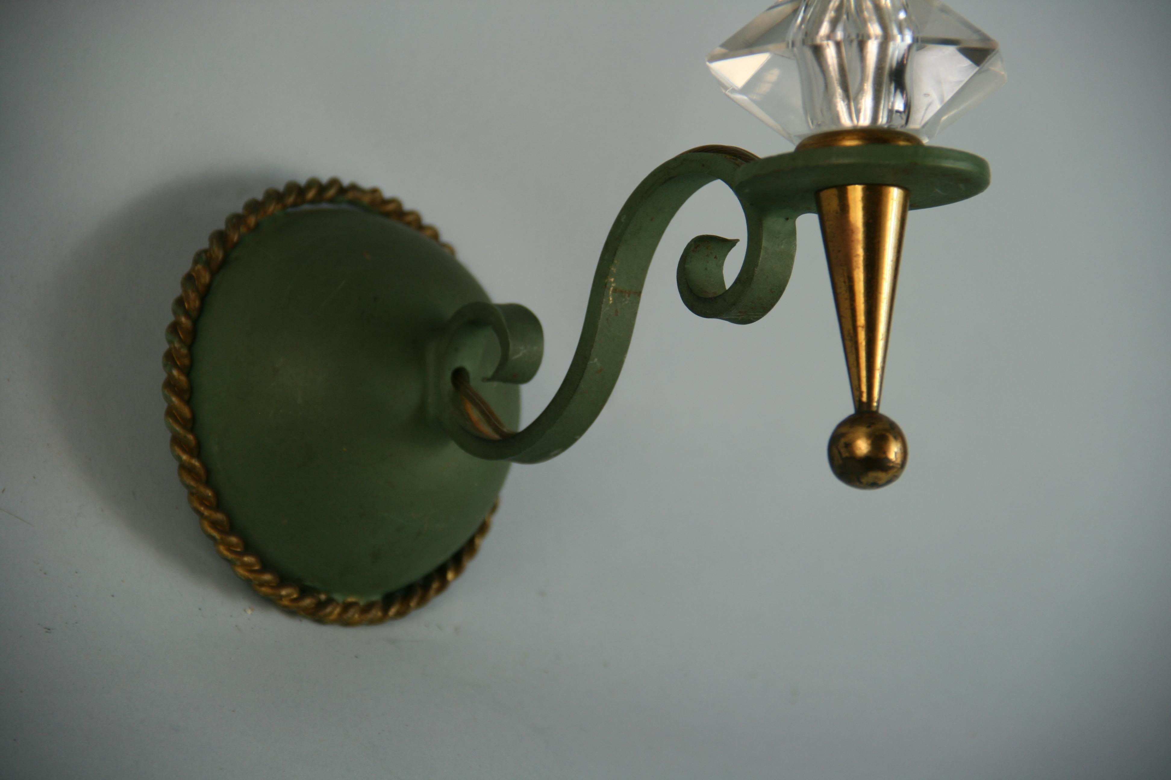 Mid-20th Century Pair of French Brass and Crystal Verdigris Sconces 1950