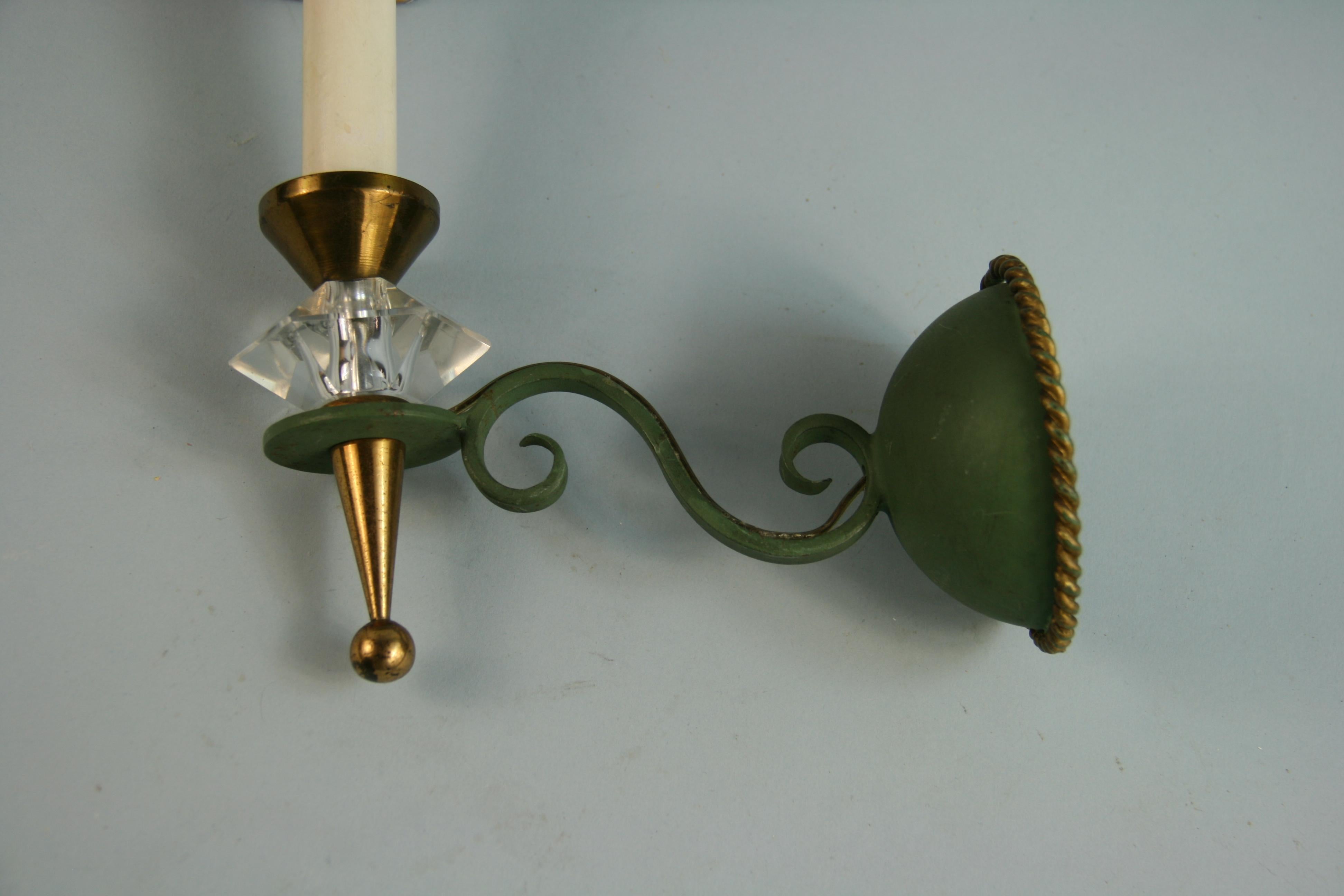 Pair of French Brass and Crystal Verdigris Sconces 1950 3