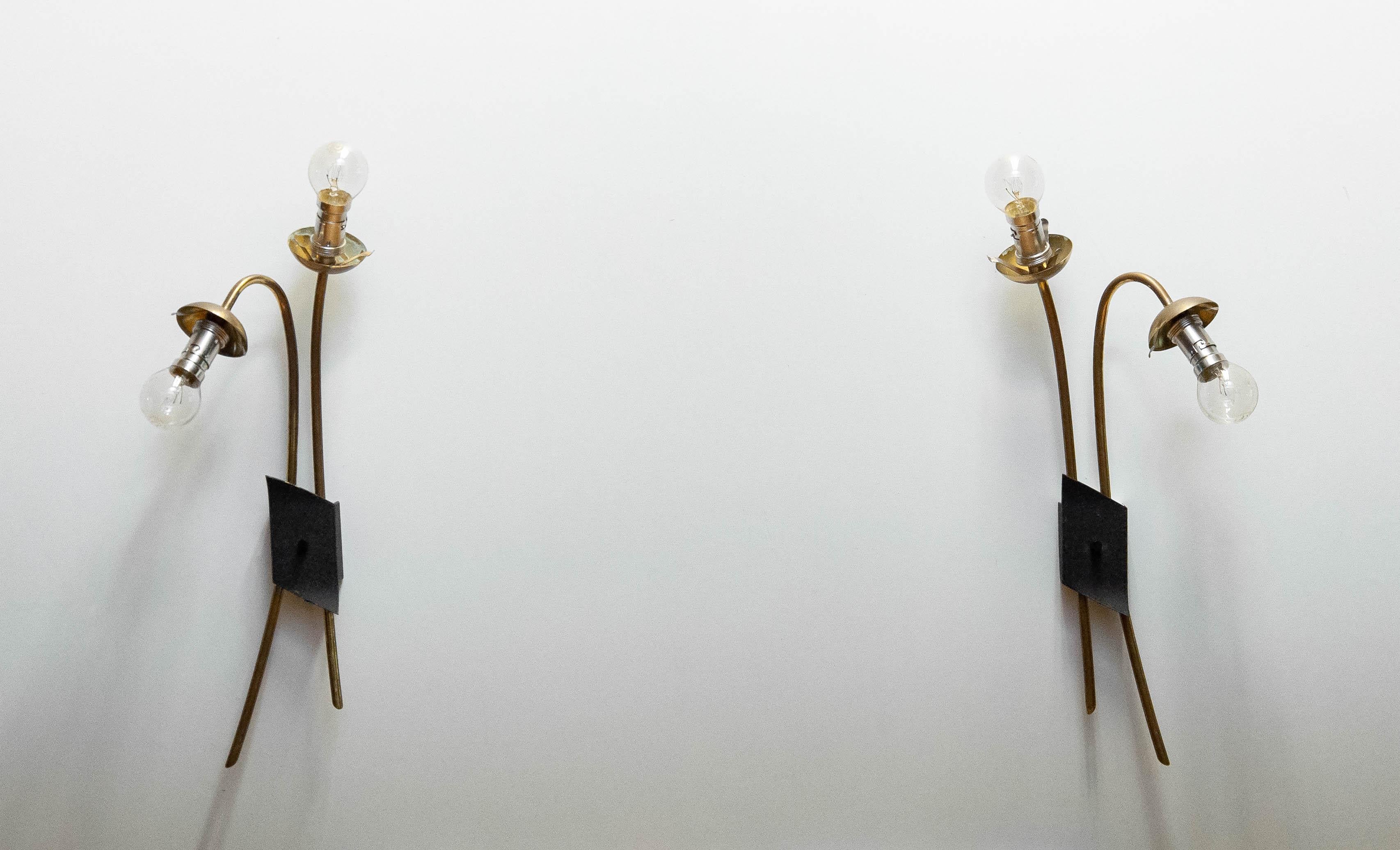 Pair French Brass And Opal Wall Lights / Sconces By Maison Lunel From The 1950s For Sale 6