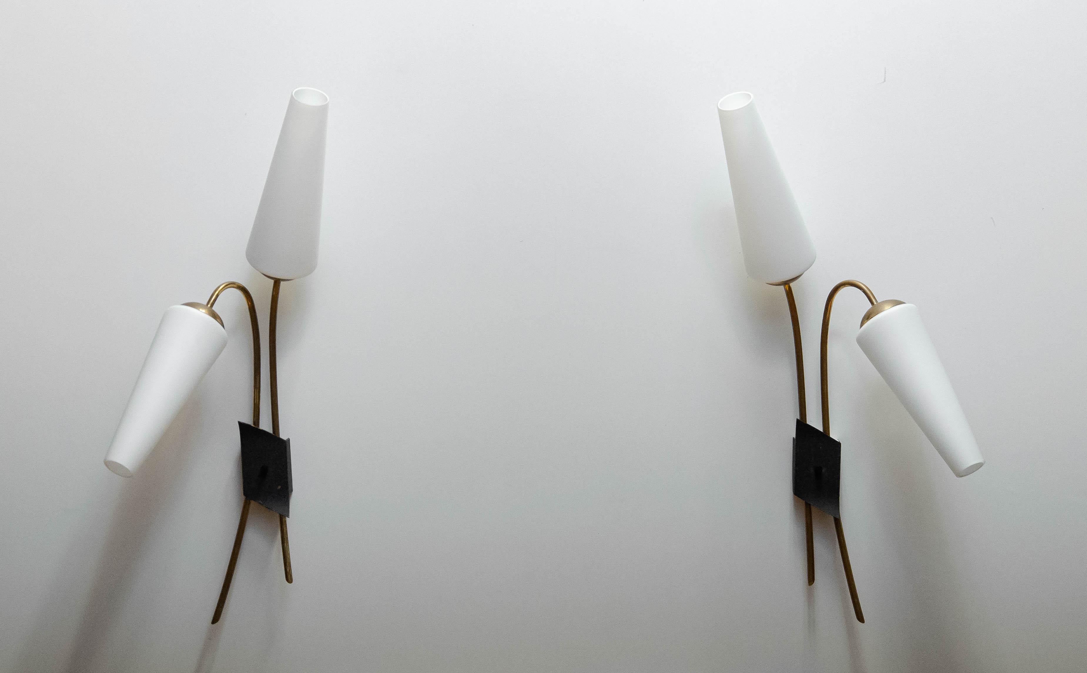Mid-Century Modern Pair French Brass And Opal Wall Lights / Sconces By Maison Lunel From The 1950s For Sale