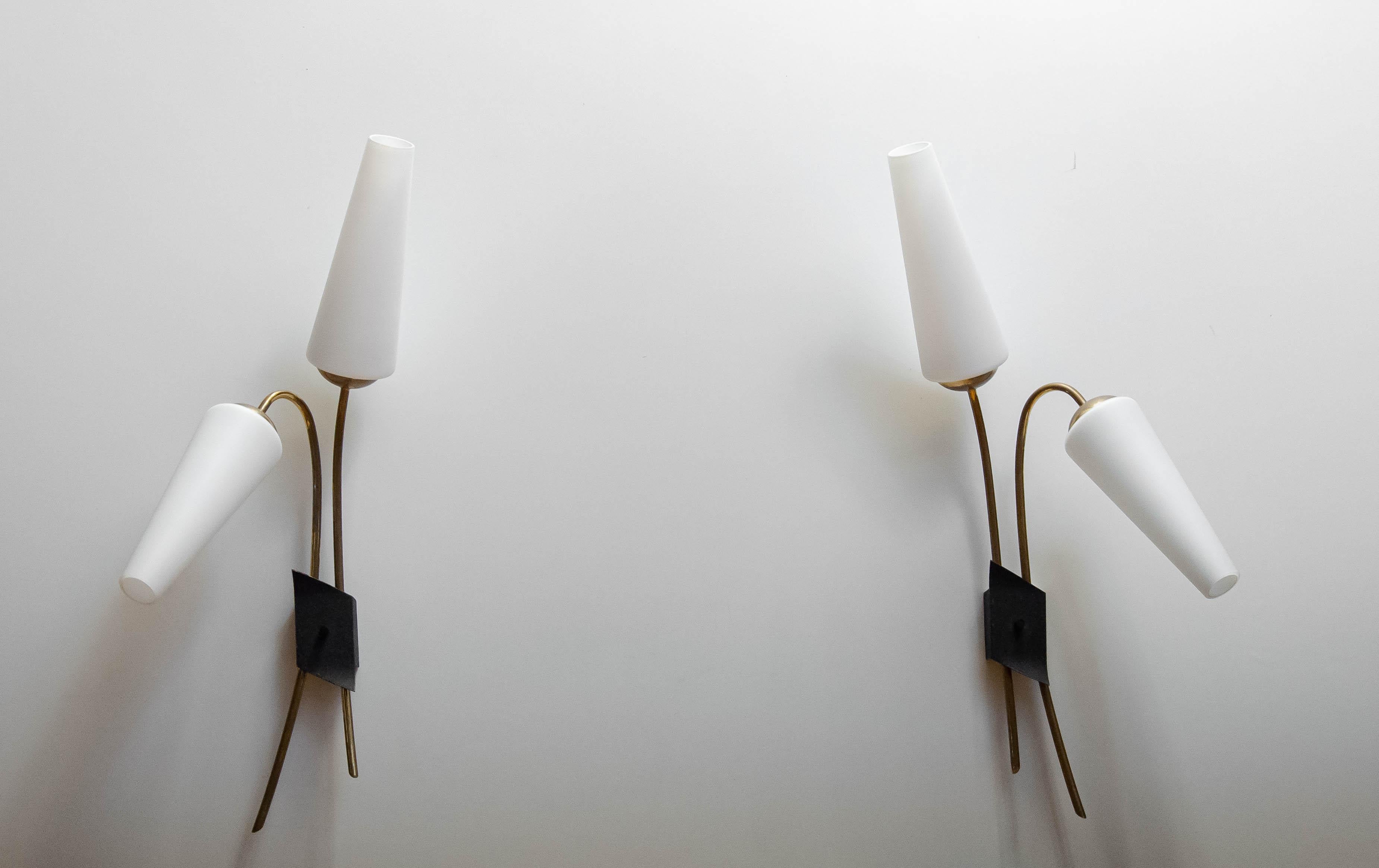 Pair French Brass And Opal Wall Lights / Sconces By Maison Lunel From The 1950s For Sale 2