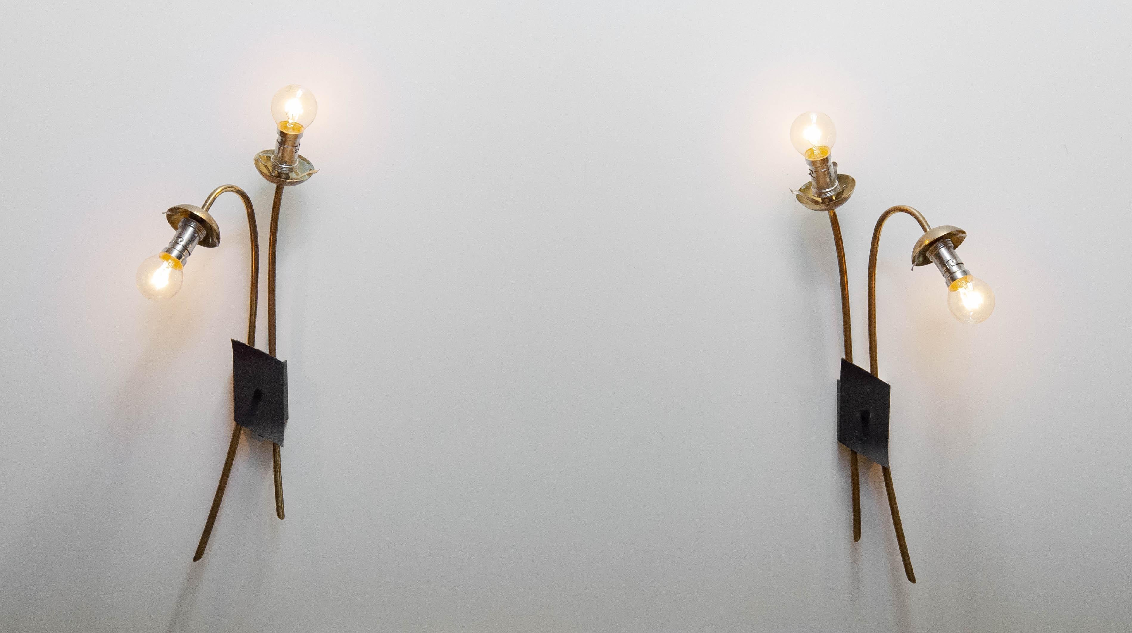 Pair French Brass And Opal Wall Lights / Sconces By Maison Lunel From The 1950s For Sale 3
