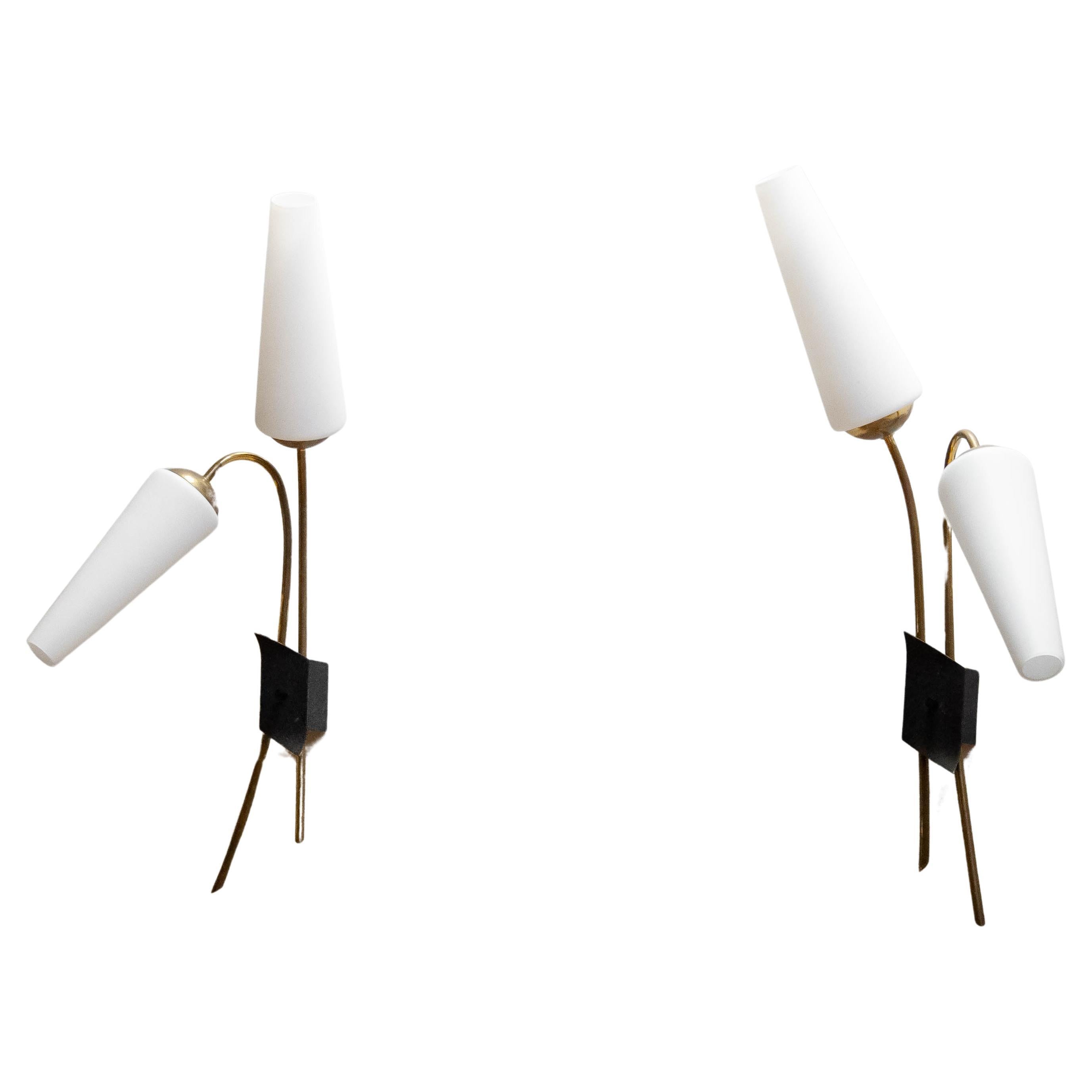 Pair French Brass And Opal Wall Lights / Sconces By Maison Lunel From The 1950s