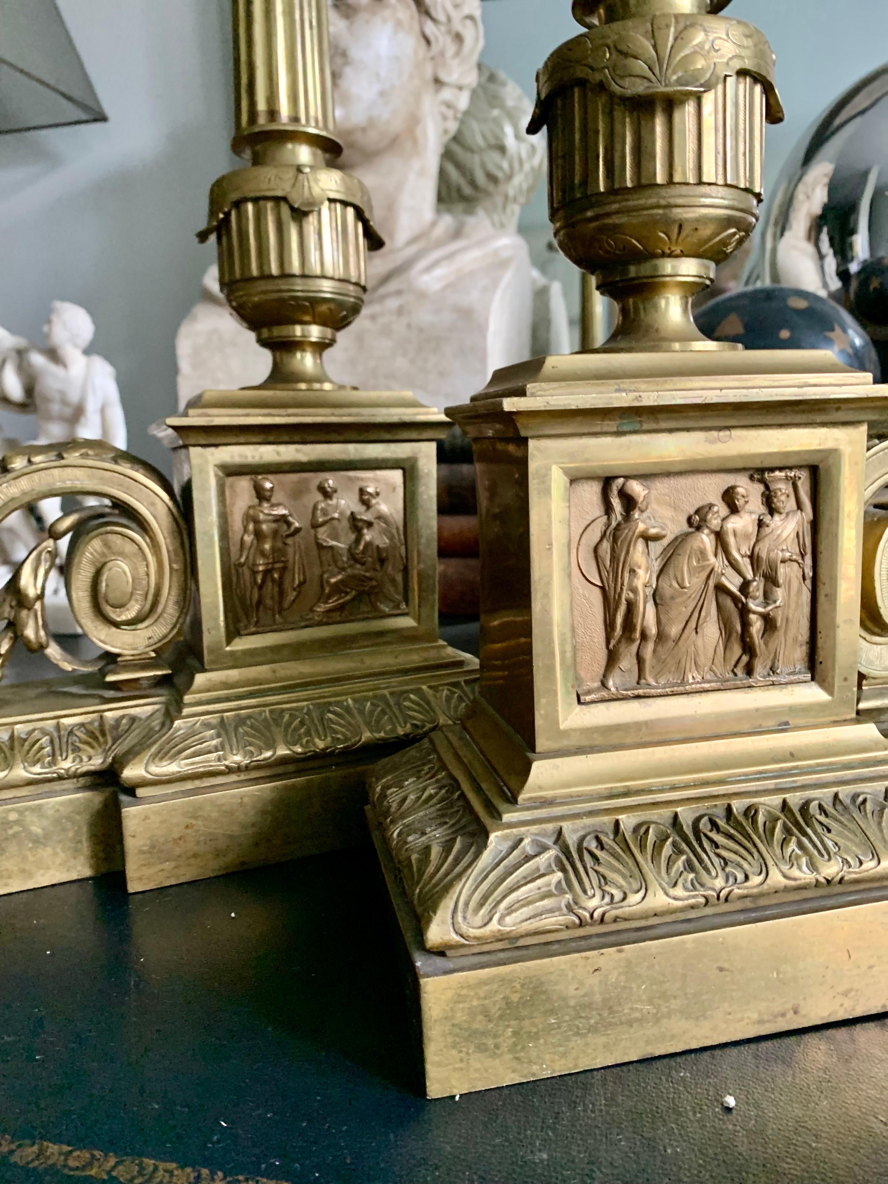 Pair French Brass Chenets Andirons Neoclassical Empire Style For Sale 9