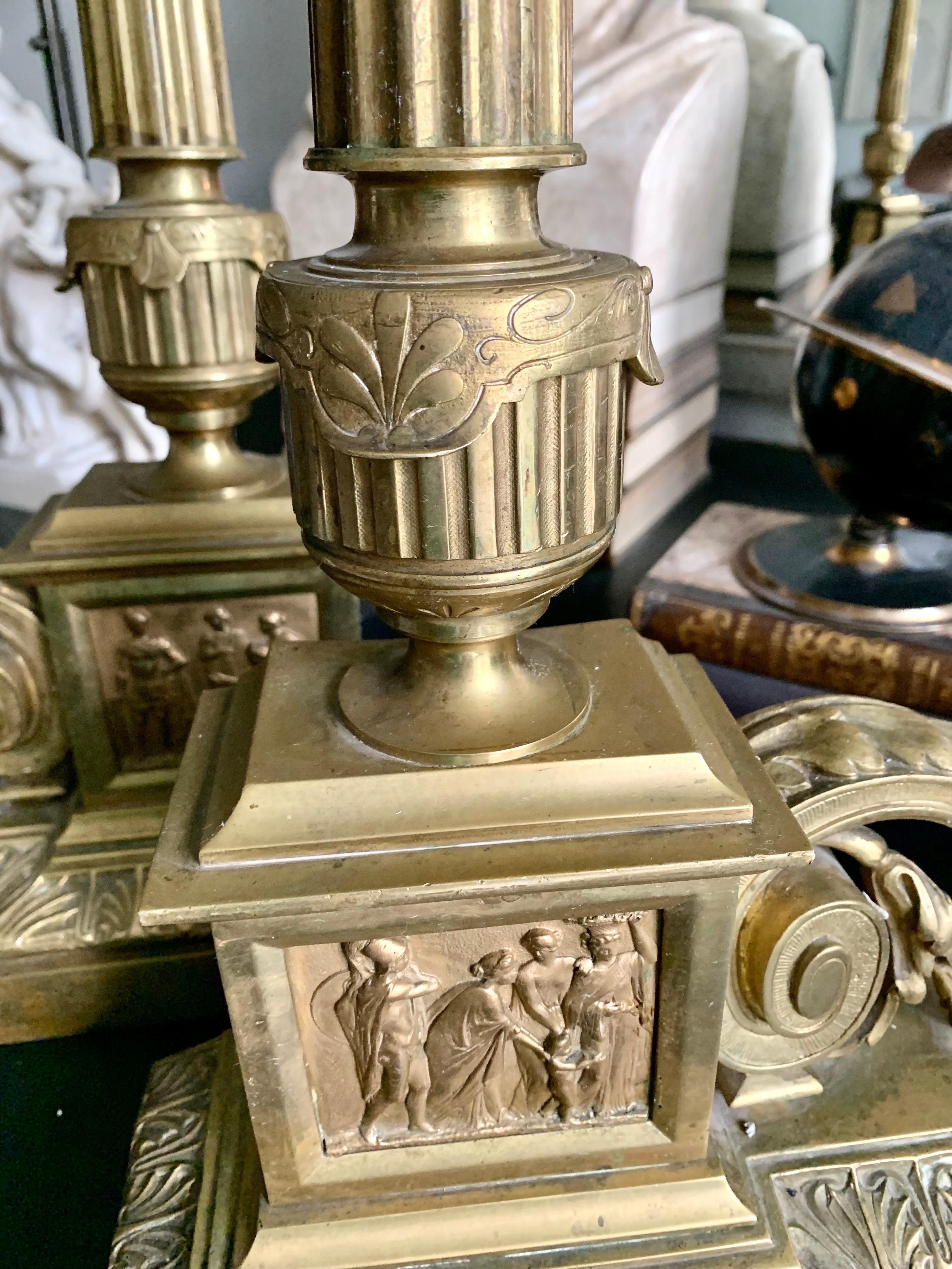 Pair French Brass Chenets Andirons Neoclassical Empire Style For Sale 12