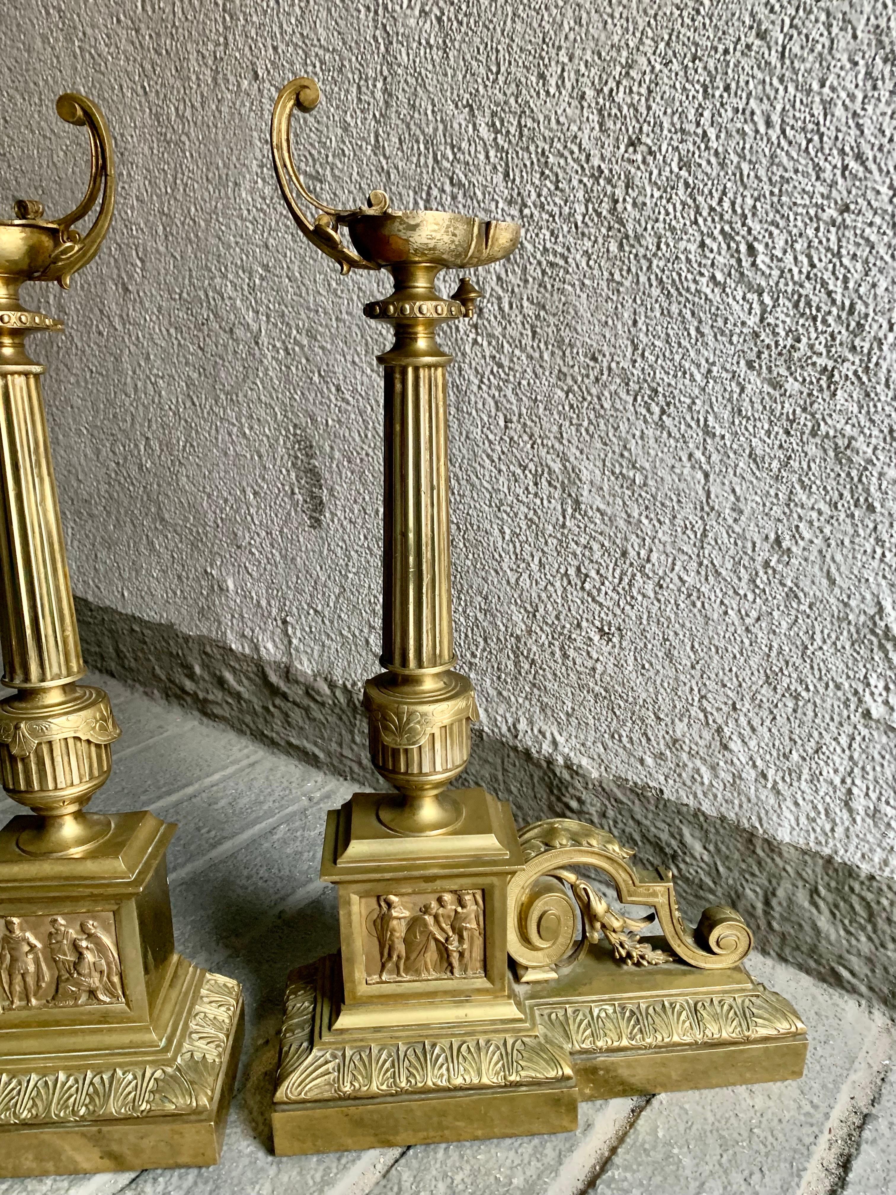 Empire Revival Pair French Brass Chenets Andirons Neoclassical Empire Style For Sale