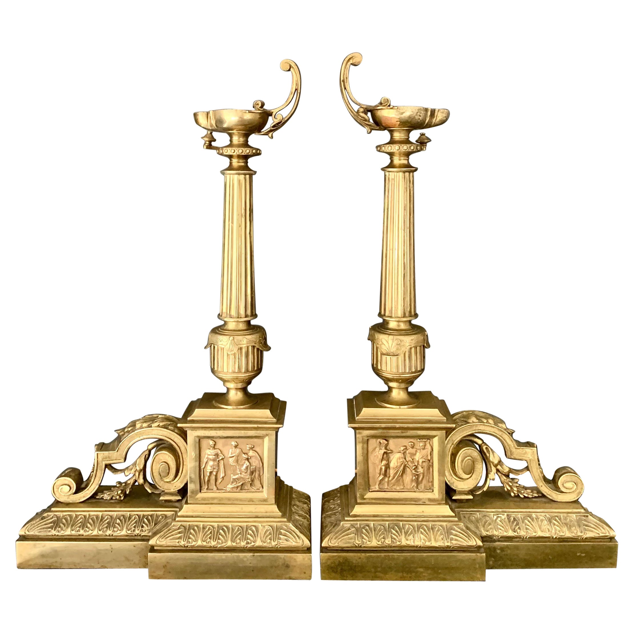 Coppia di androni francesi in ottone Chenets Stile Impero Neoclassico