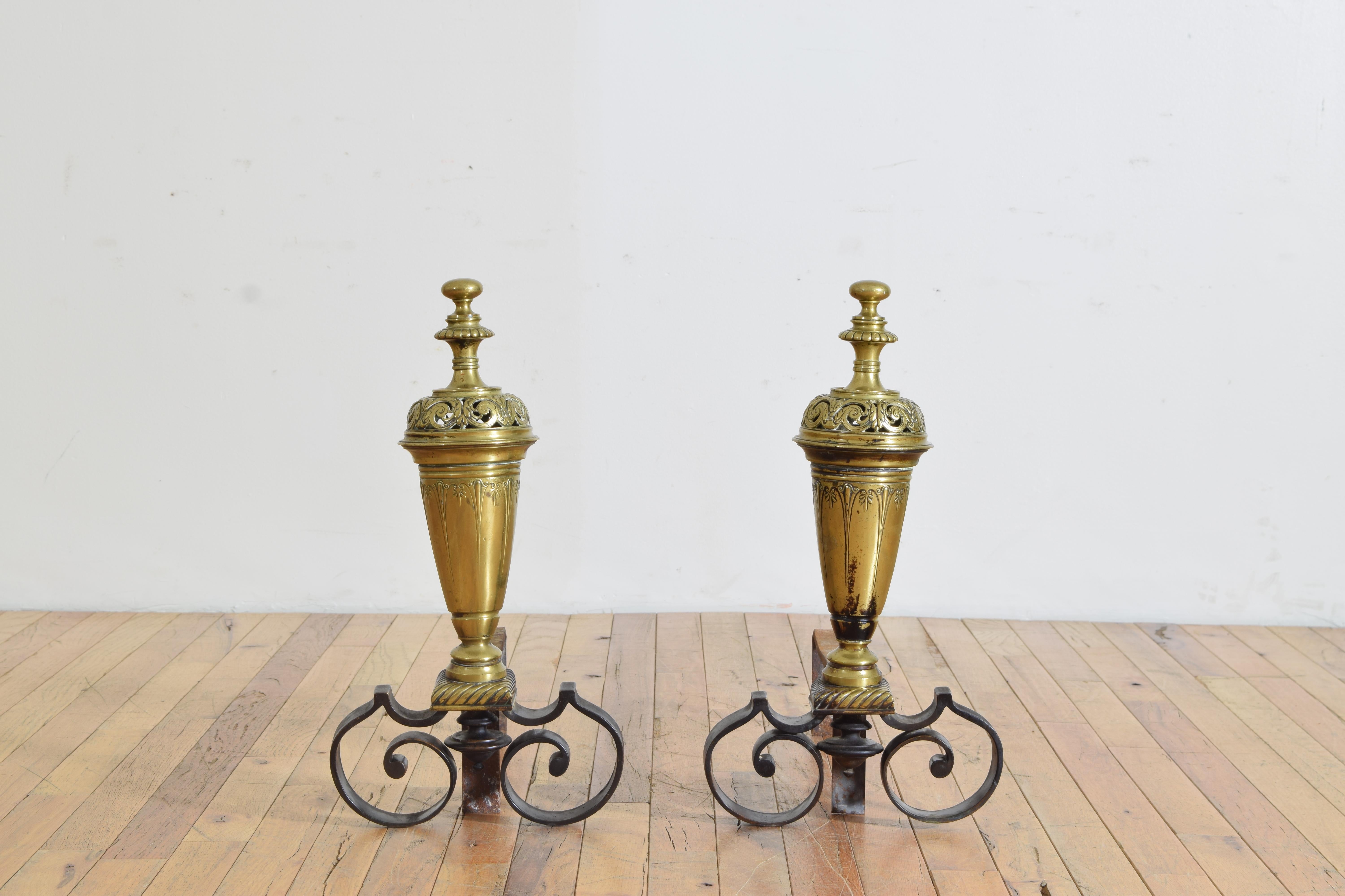 Pair French Brass & Iron Louis Philippe Period Urn-Form Andirons, ca. 1840 In Good Condition In Atlanta, GA