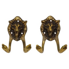 Pair French Brass Lion Head Design Double Hooks 