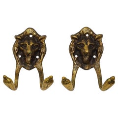 Pair French Brass Lion Head Design Double Hooks