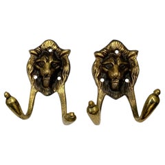 Pair French Brass Lion Head Design Double Hooks