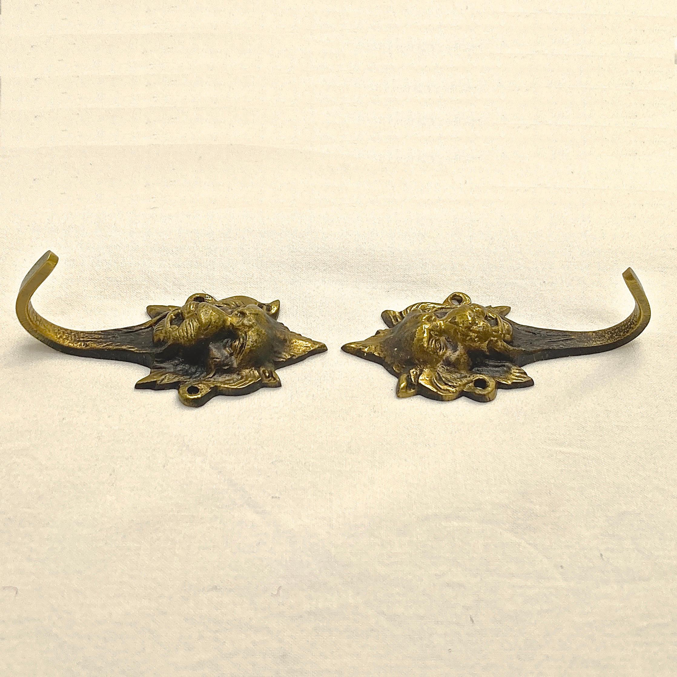 Pair French Brass Lion Head Design Single Hooks  2