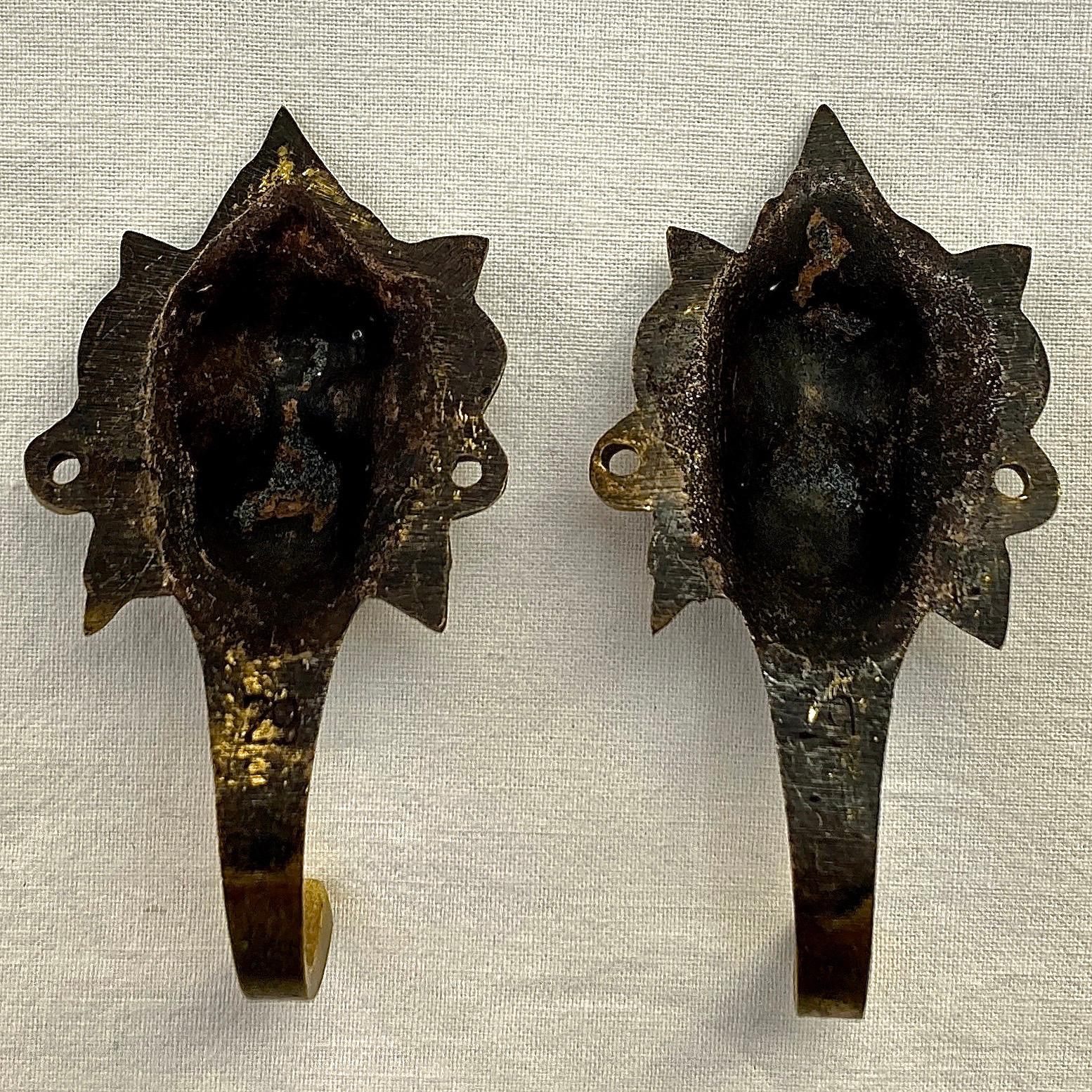 Pair French Brass Lion Head Design Single Hooks  3