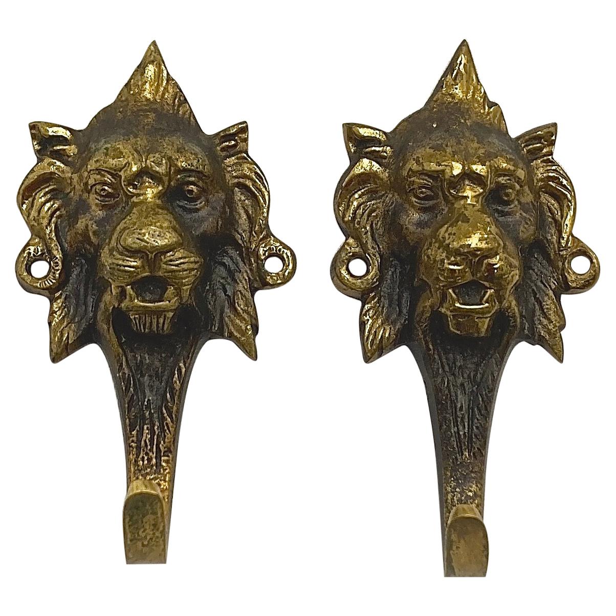 Pair French Brass Lion Head Design Single Hooks 