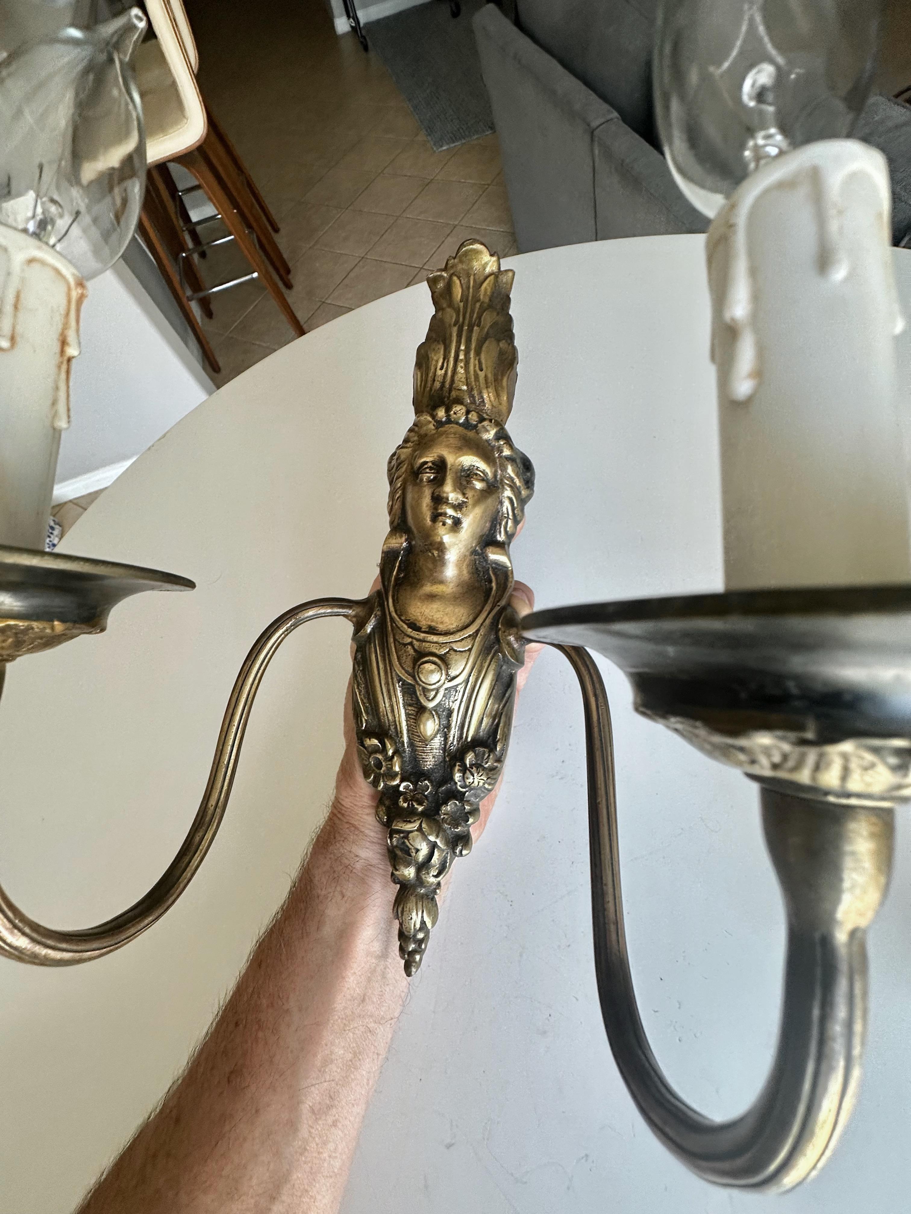 Pair French Brass Neoclassic Wall Sconces Female Figure For Sale 6