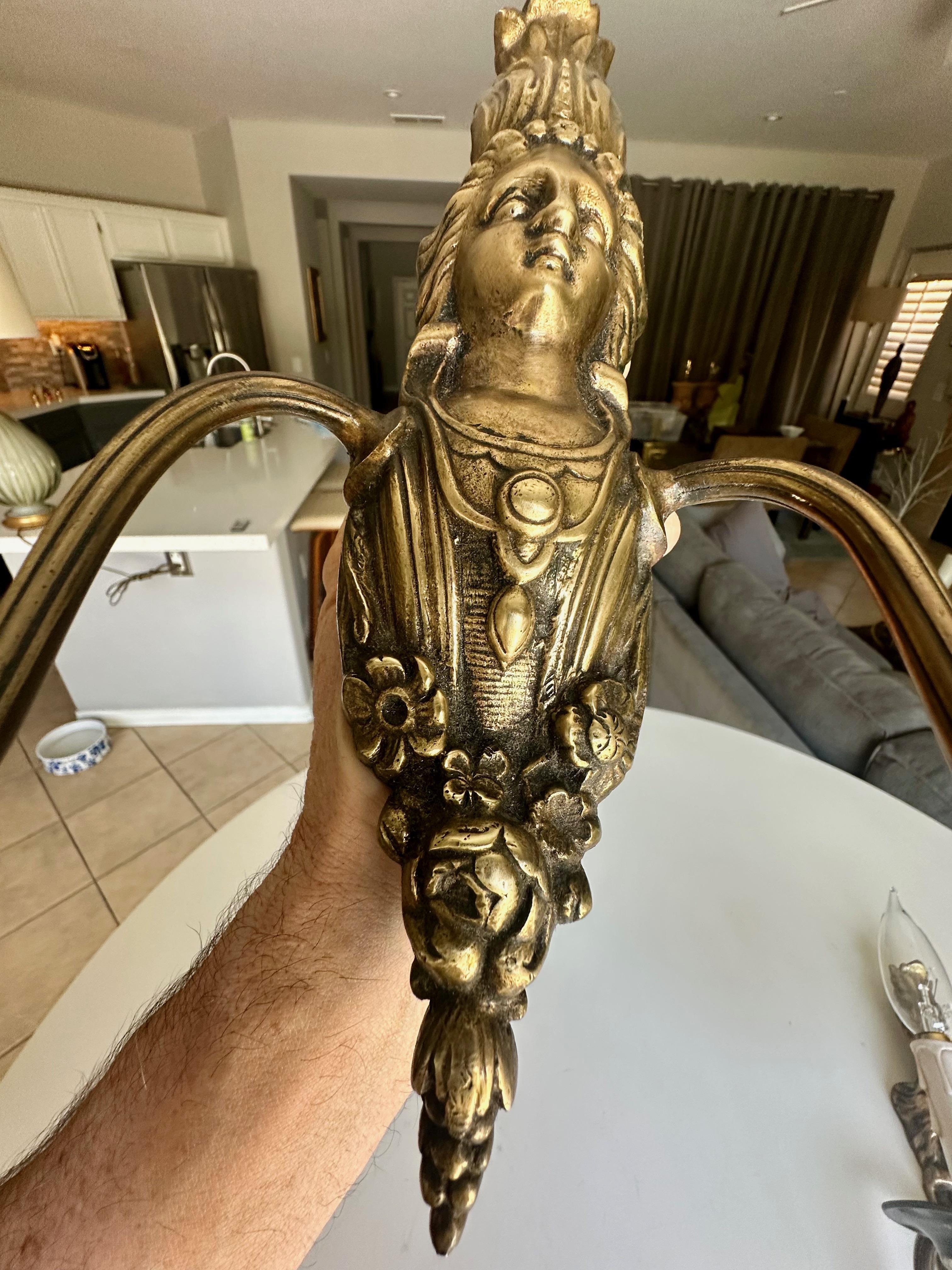 Pair French Brass Neoclassic Wall Sconces Female Figure For Sale 9