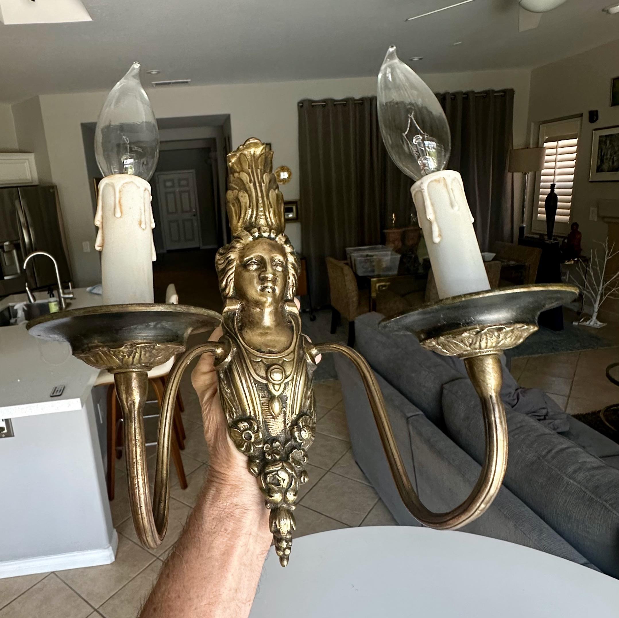 Pair French Brass Neoclassic Wall Sconces Female Figure For Sale 13