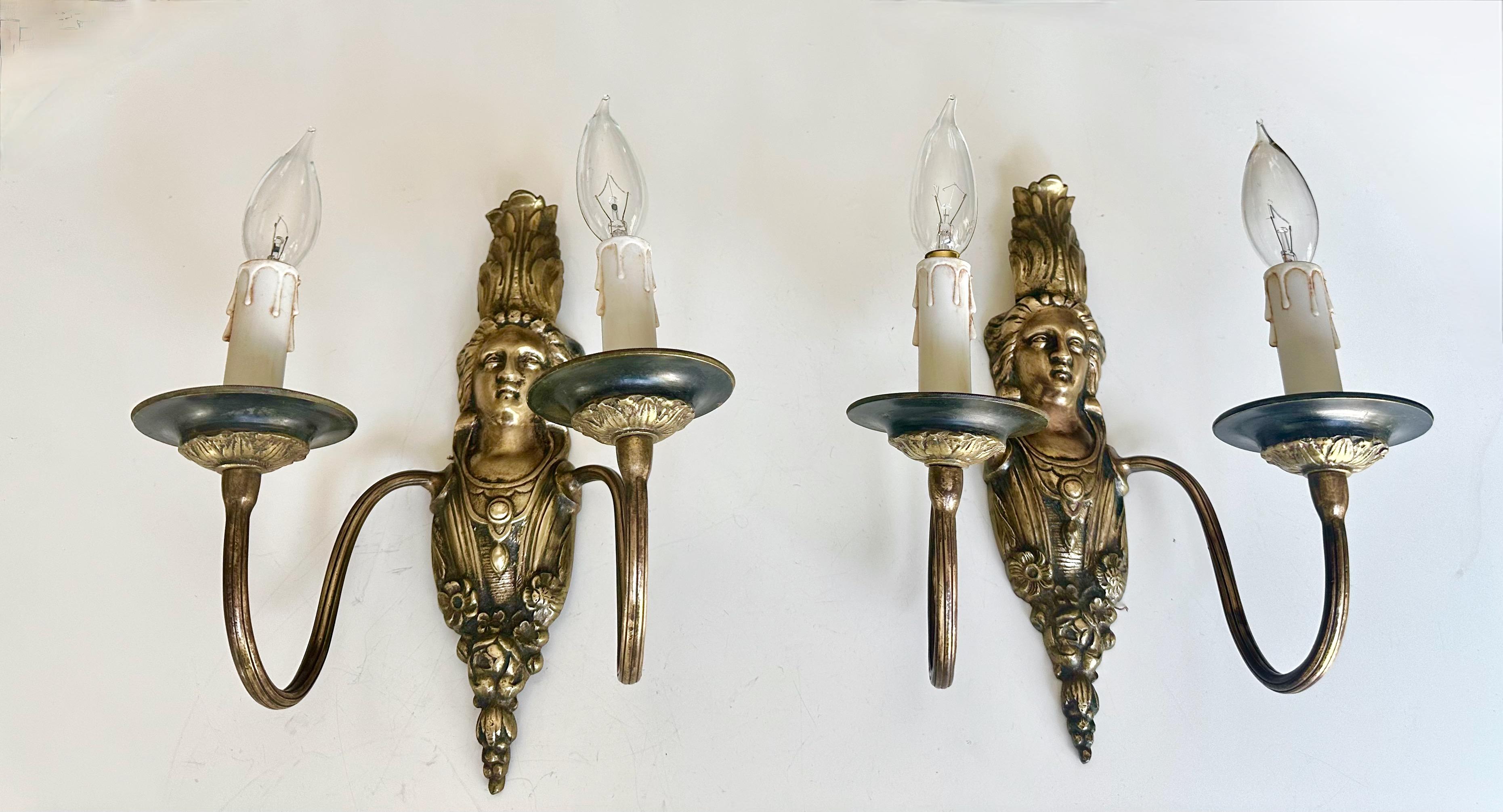 Early 20th Century Pair French Brass Neoclassic Wall Sconces Female Figure For Sale
