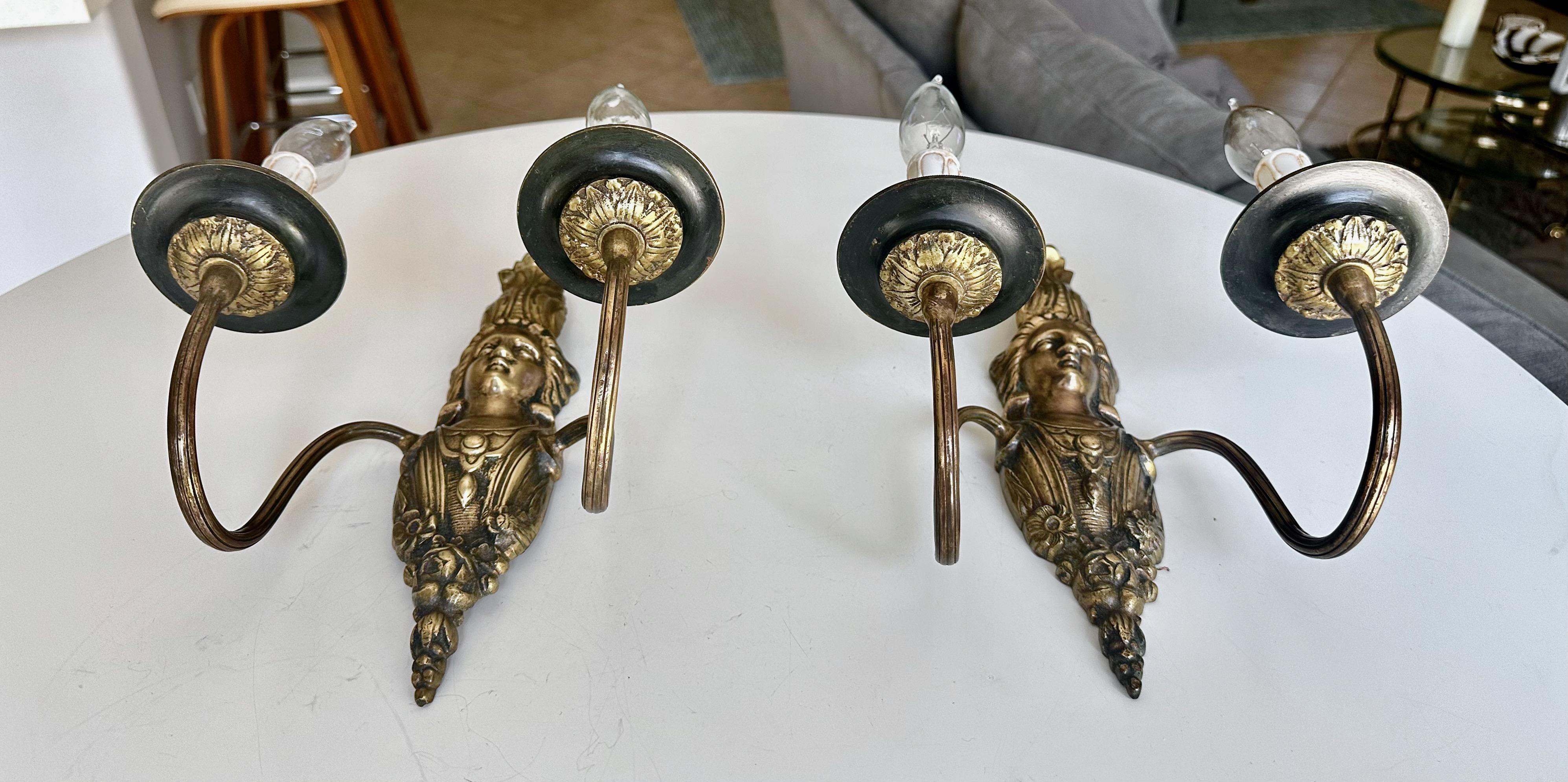 Pair French Brass Neoclassic Wall Sconces Female Figure For Sale 1