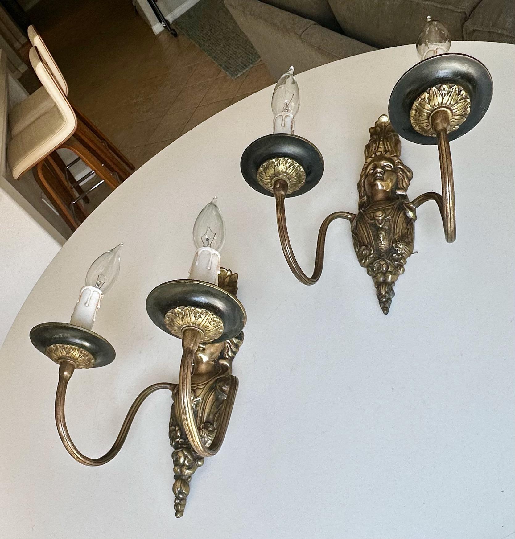 Pair French Brass Neoclassic Wall Sconces Female Figure For Sale 2
