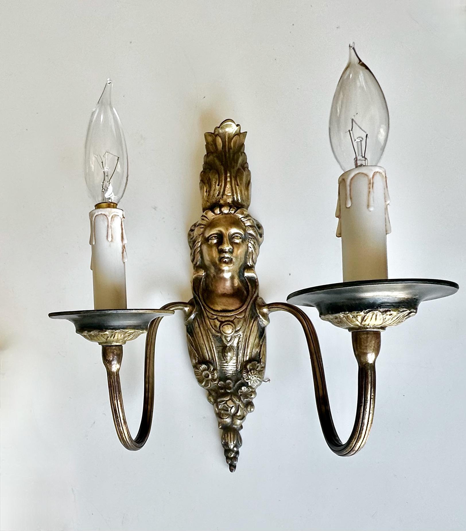 Pair French Brass Neoclassic Wall Sconces Female Figure For Sale 3
