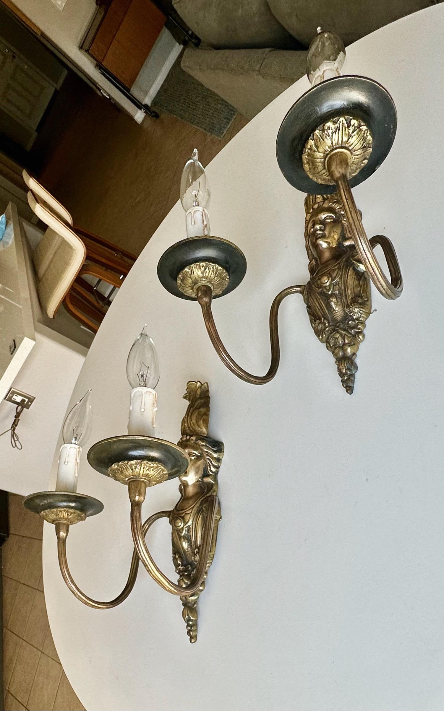Pair French Brass Neoclassic Wall Sconces Female Figure For Sale 4