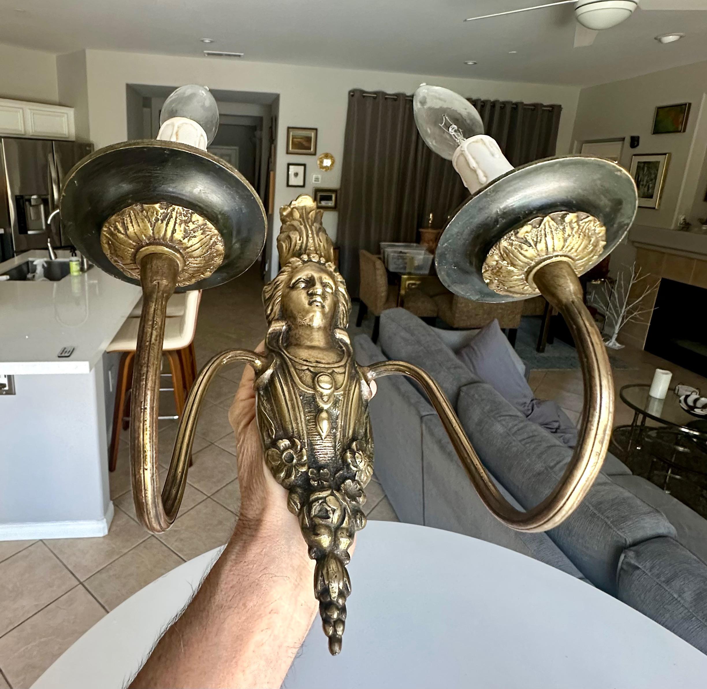Pair French Brass Neoclassic Wall Sconces Female Figure For Sale 5