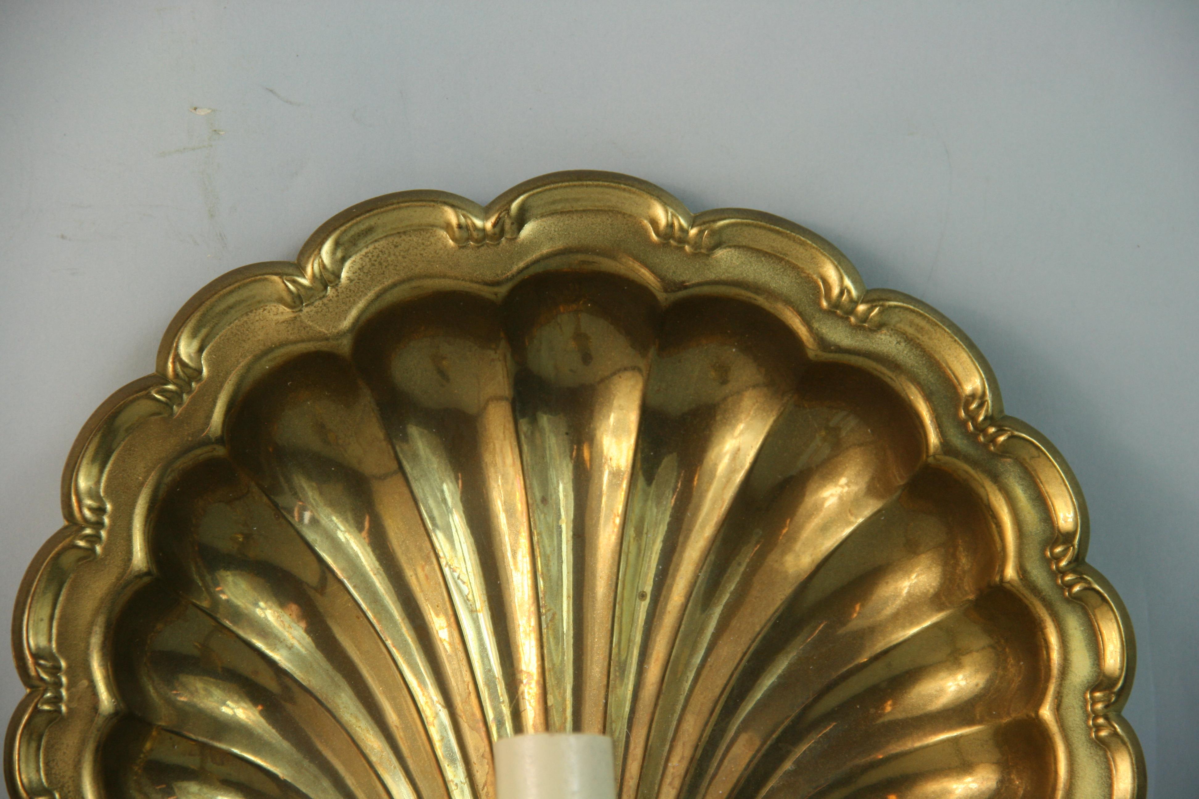 Mid-20th Century Pair French Brass  Shell Sconces For Sale