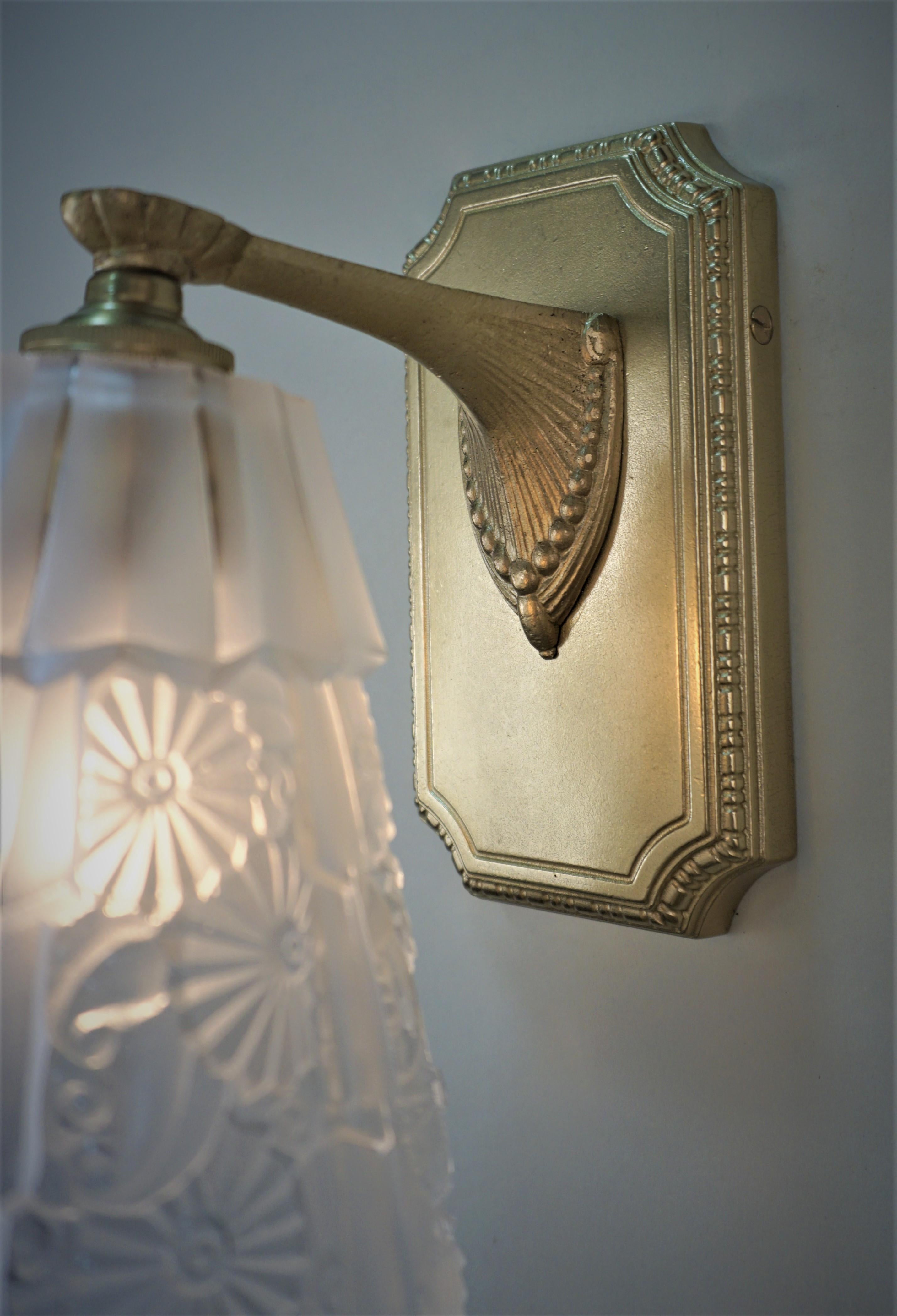 Pair French Bronze and Glass Art Deco Wall Sconce 1
