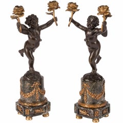 Pair of French Bronze and Marble Louis XVI Clodion Style Candelabras