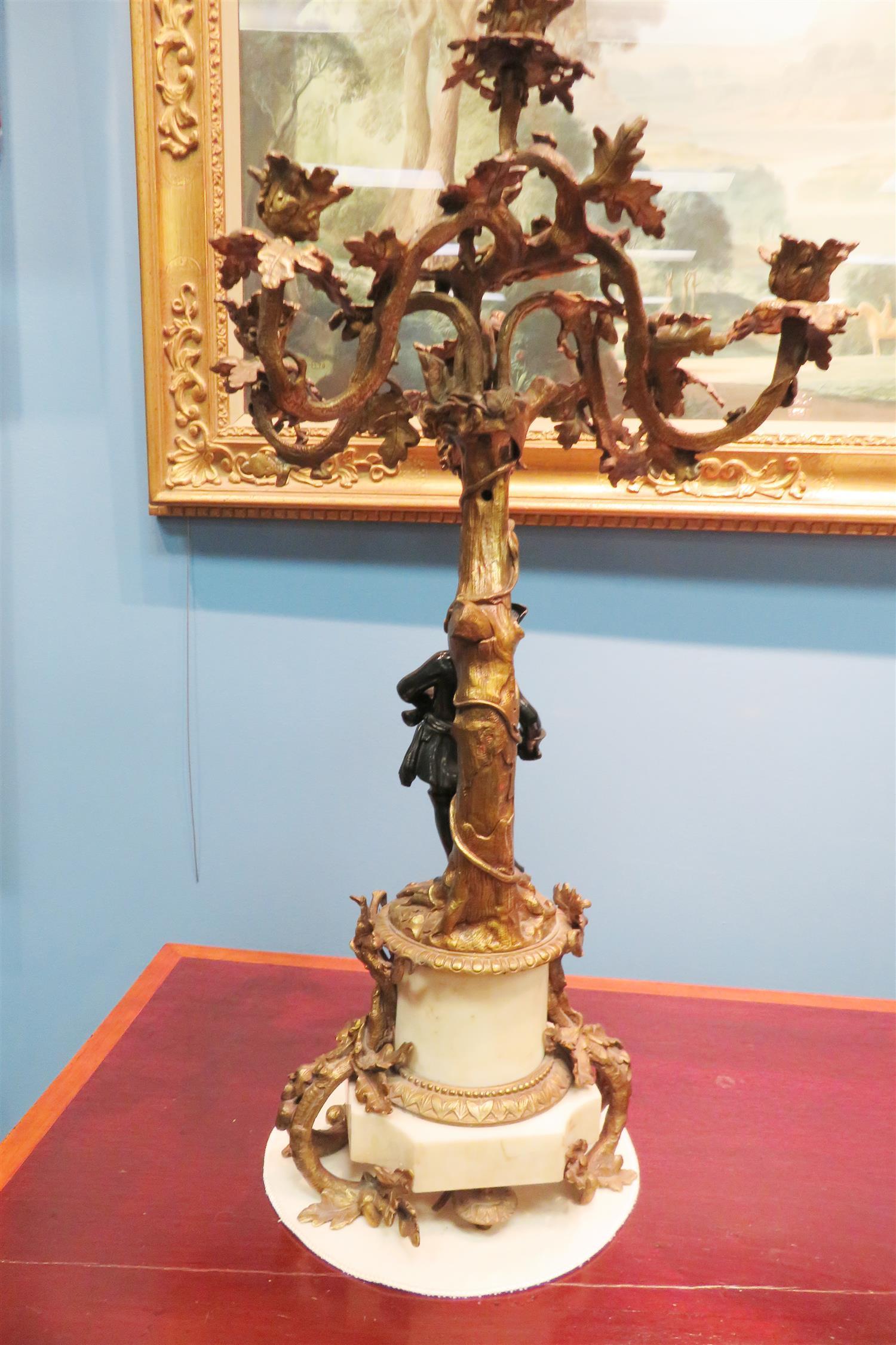 Pair French Bronze and Marble Six-Light Candelabras, 19th Century In Good Condition For Sale In Savannah, GA