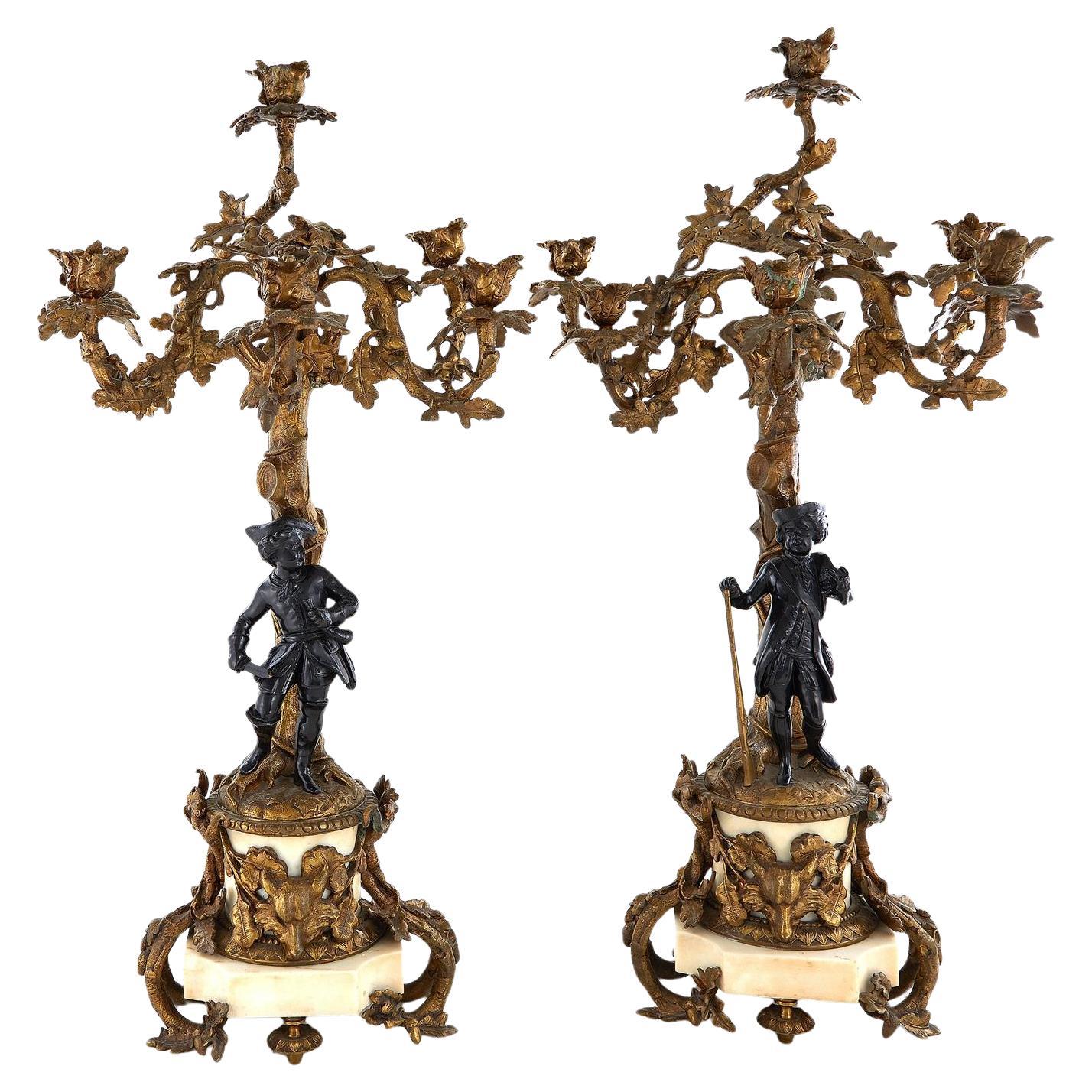 Pair French Bronze and Marble Six-Light Candelabras, 19th Century For Sale