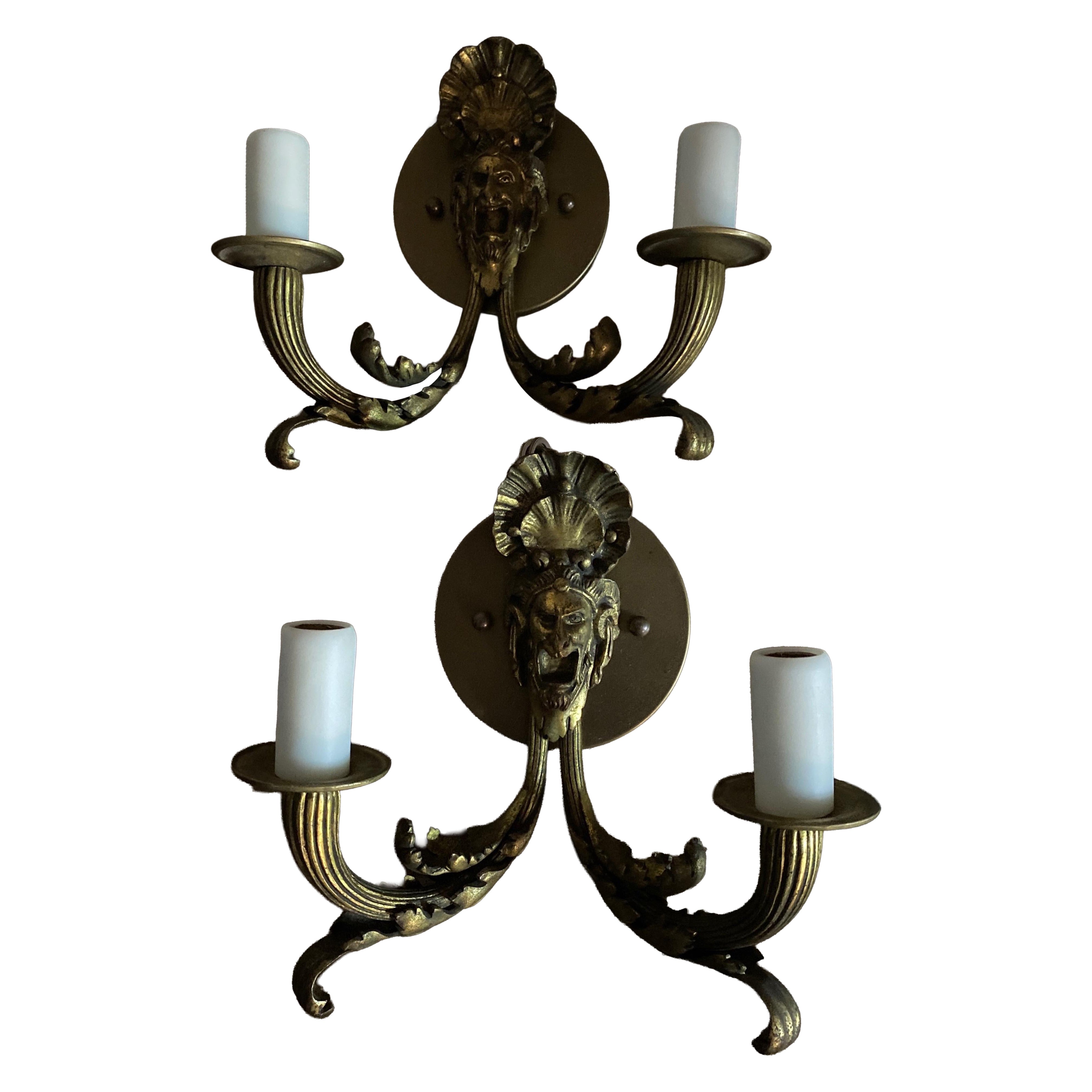 Pair French Bronze Bacchus Sconces For Sale