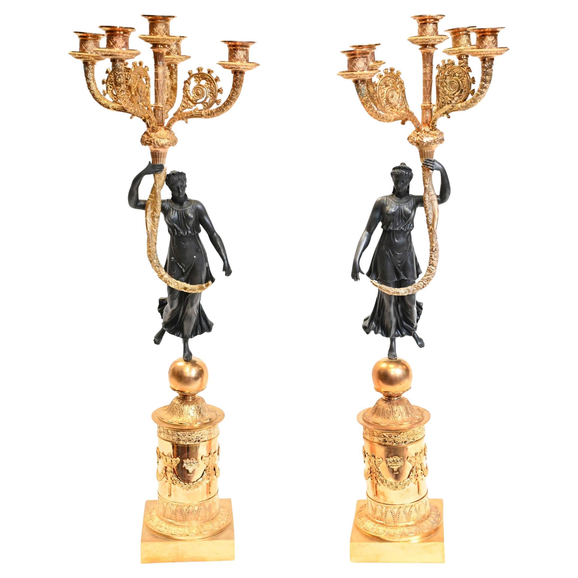 Pair French Bronze Candelabras Maiden Regency Classical Gilt