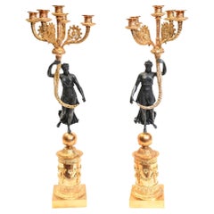 Pair French Bronze Candelabras Maiden Regency Classical Gilt